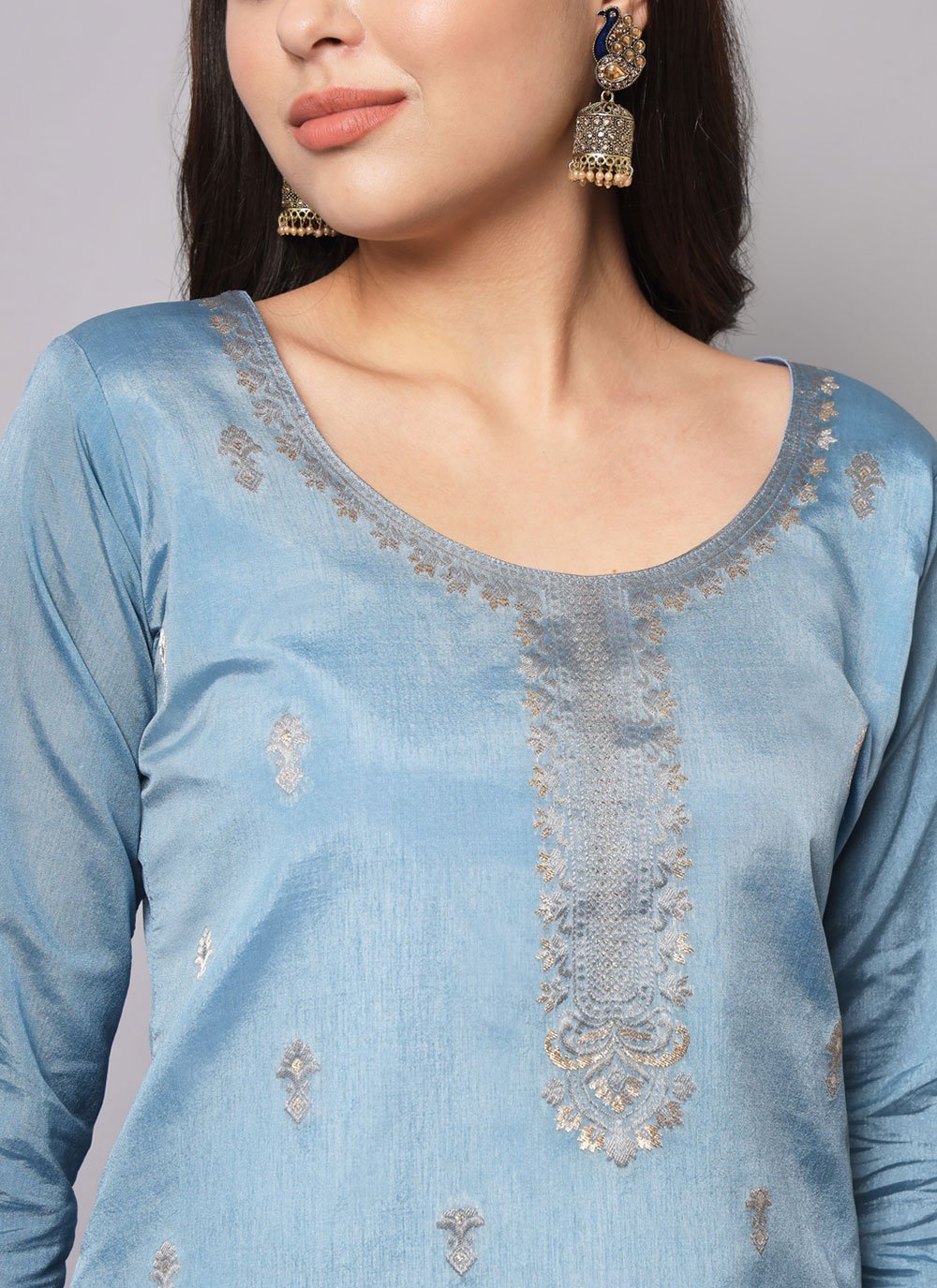 Casual Kurti Cotton Silk Aqua Blue Jacquard Work Kurtis