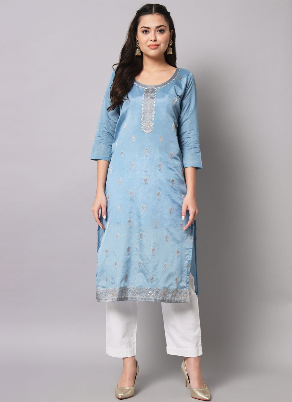 Casual Kurti Cotton Silk Aqua Blue Jacquard Work Kurtis