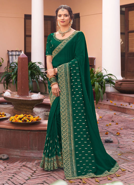 Contemporary Vichitra Silk Green Embroidered Saree