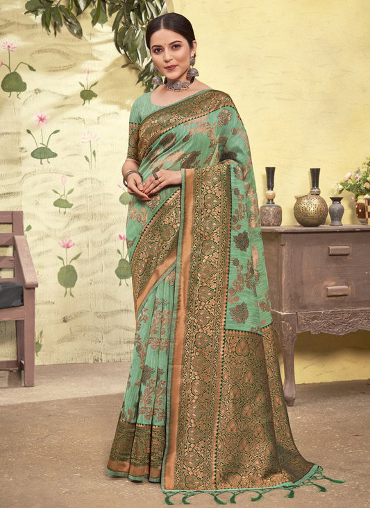 Traditional Saree Cotton Green Zari Saree