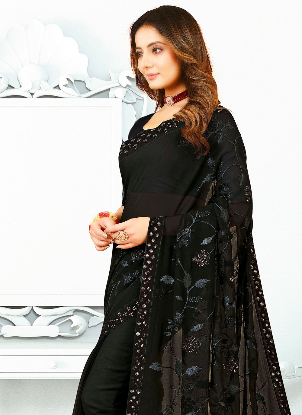 Contemporary Georgette Silk Black Patch Border Saree