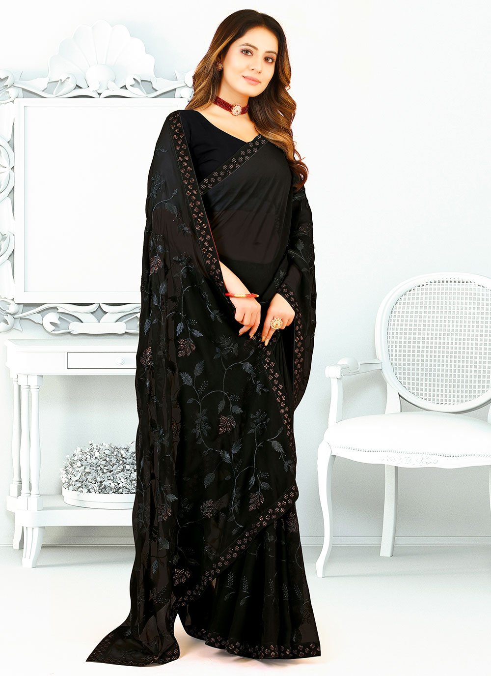 Contemporary Georgette Silk Black Patch Border Saree