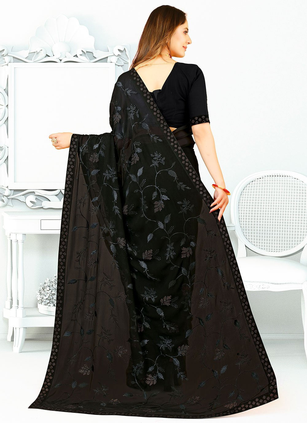 Contemporary Georgette Silk Black Patch Border Saree