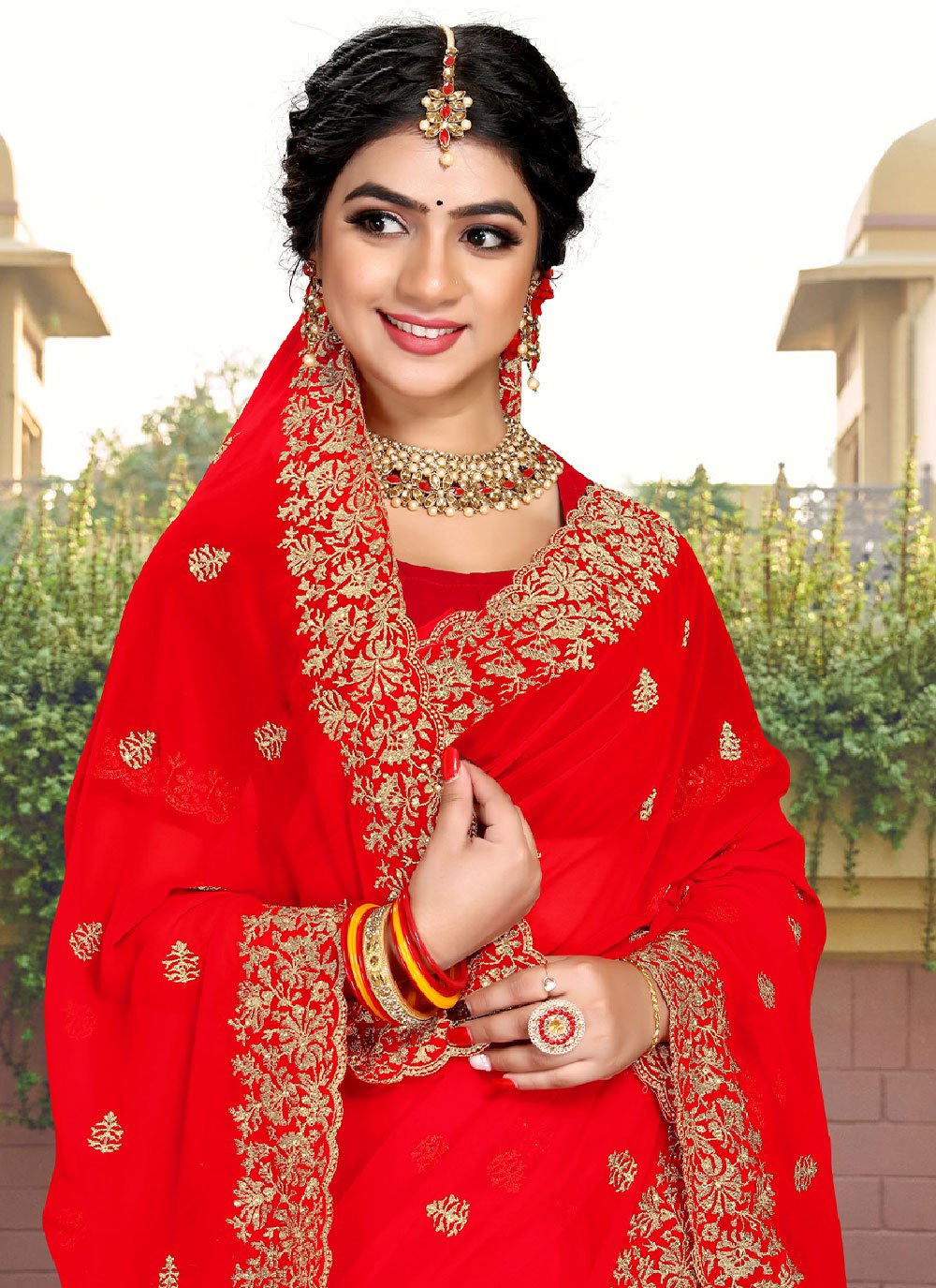 Classic Georgette Red Embroidered Saree