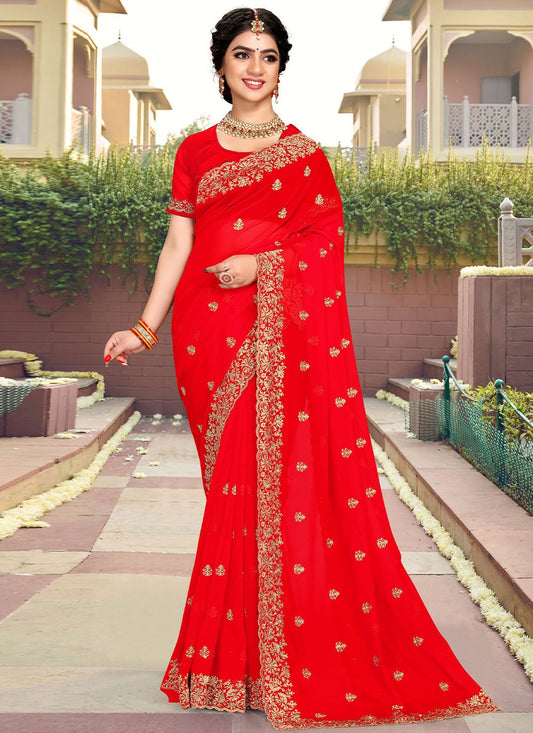 Classic Georgette Red Embroidered Saree