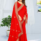 Classic Georgette Red Embroidered Saree
