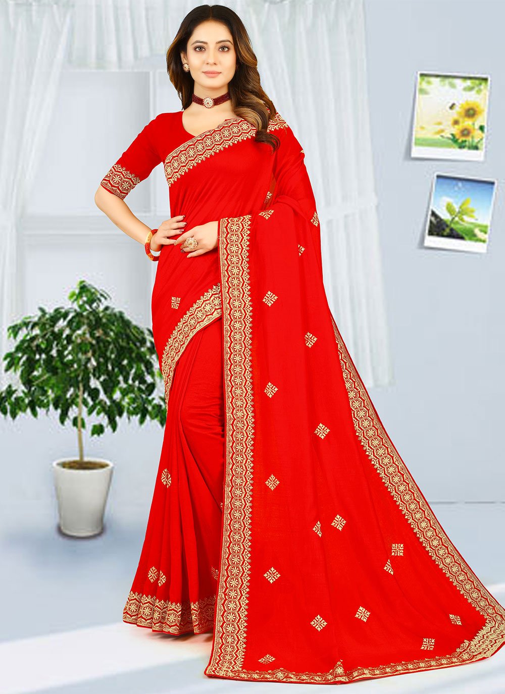 Classic Georgette Red Embroidered Saree