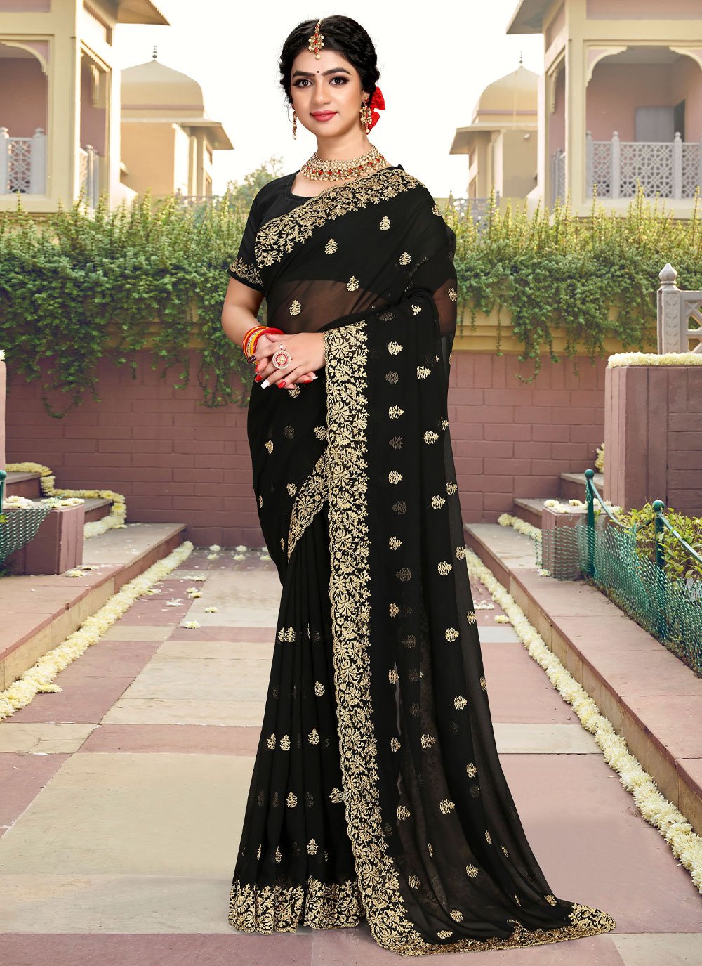 Contemporary Georgette Black Embroidered Saree