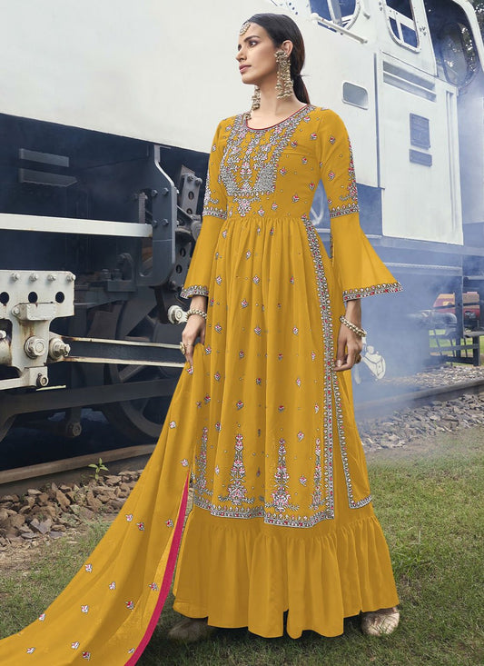 Palazzo Salwar Suit Georgette Mustard Embroidered Salwar Kameez