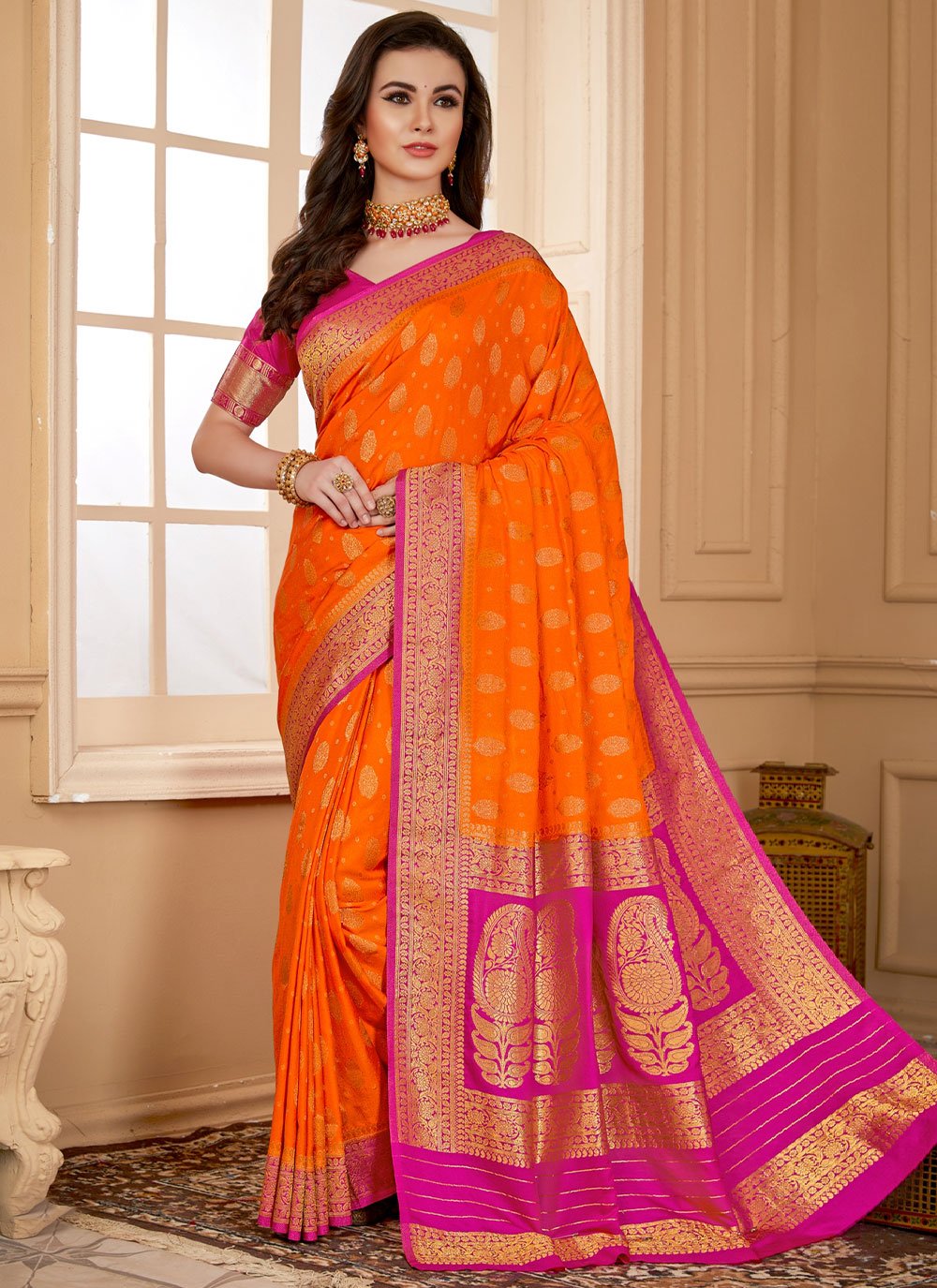 Classic Georgette Orange Weaving Saree