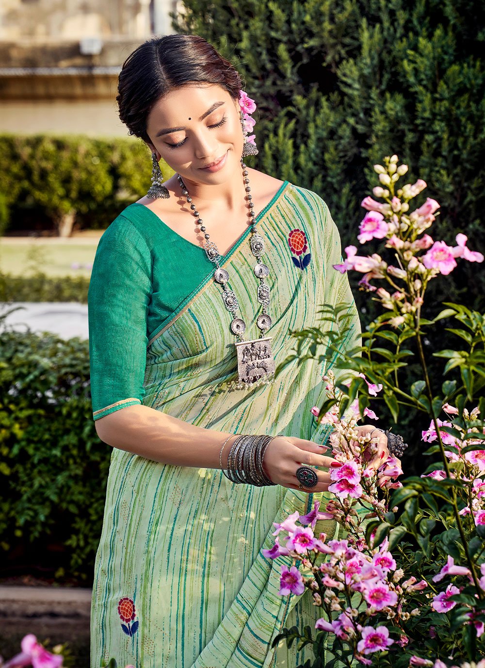 Classic Georgette Sea Green Print Saree