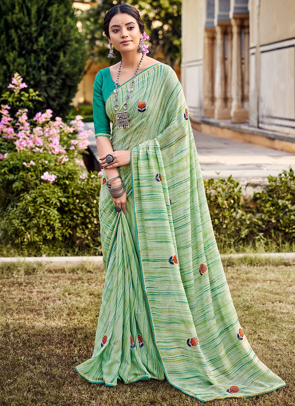 Classic Georgette Sea Green Print Saree