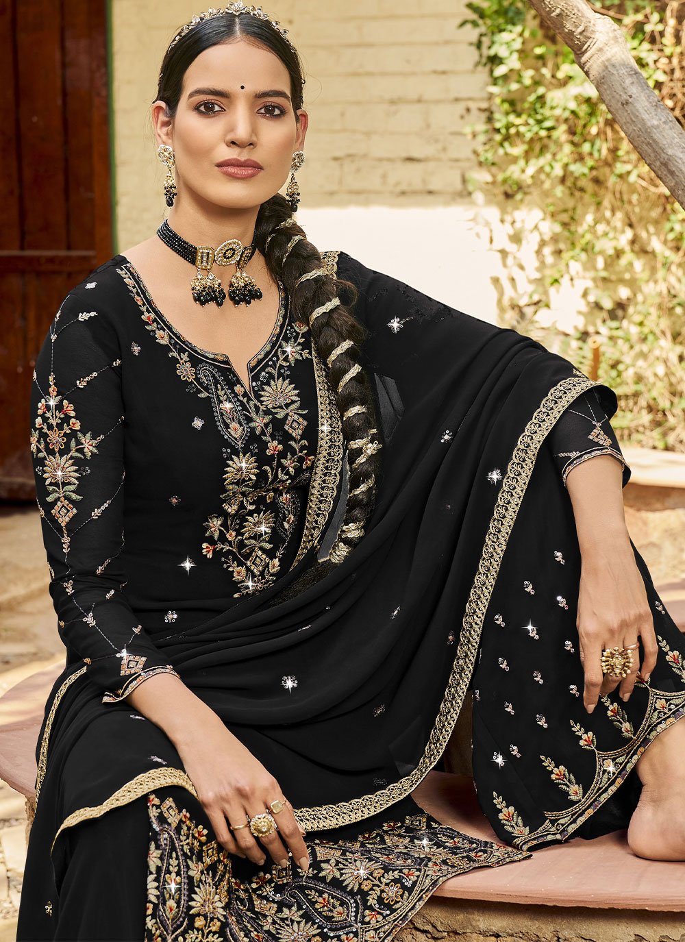 Salwar Suit Georgette Satin Black Diamond Salwar Kameez