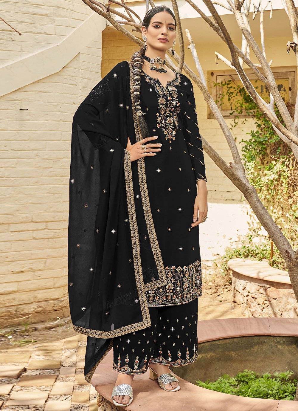 Salwar Suit Georgette Satin Black Diamond Salwar Kameez