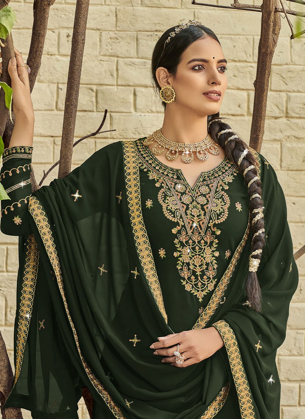 Straight Salwar Suit Georgette Satin Green Diamond Salwar Kameez