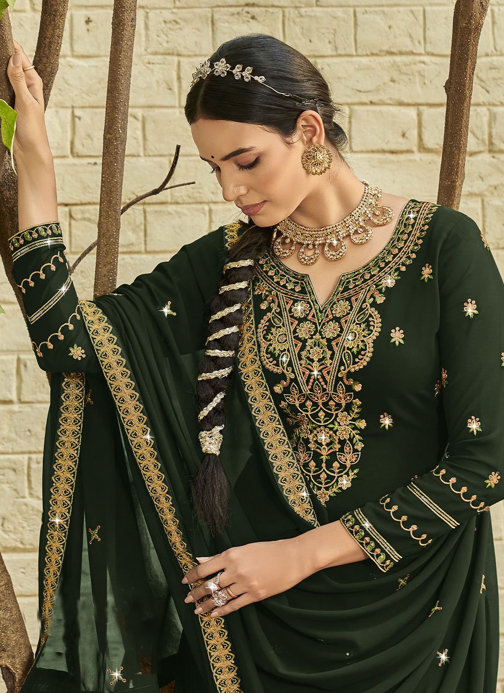 Straight Salwar Suit Georgette Satin Green Diamond Salwar Kameez