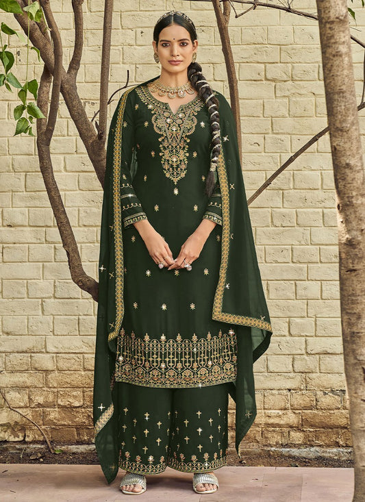 Straight Salwar Suit Georgette Satin Green Diamond Salwar Kameez