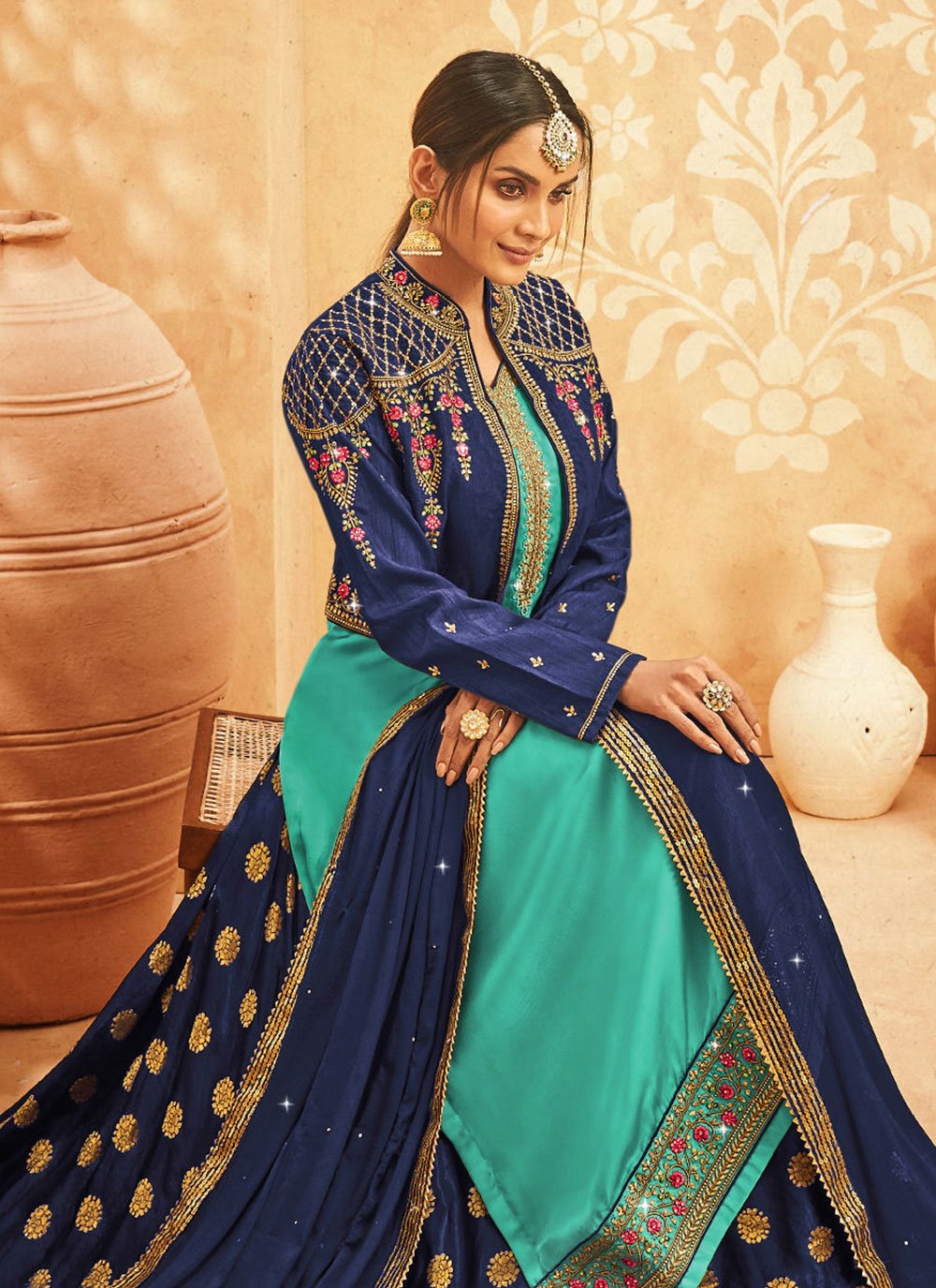 Lehenga Choli Georgette Satin Turquoise Embroidered Lehenga Choli