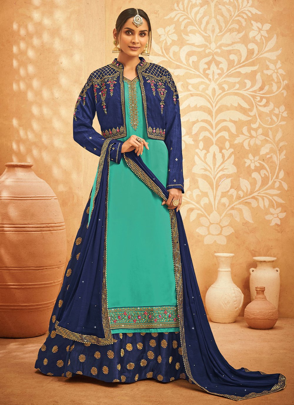 Lehenga Choli Georgette Satin Turquoise Embroidered Lehenga Choli