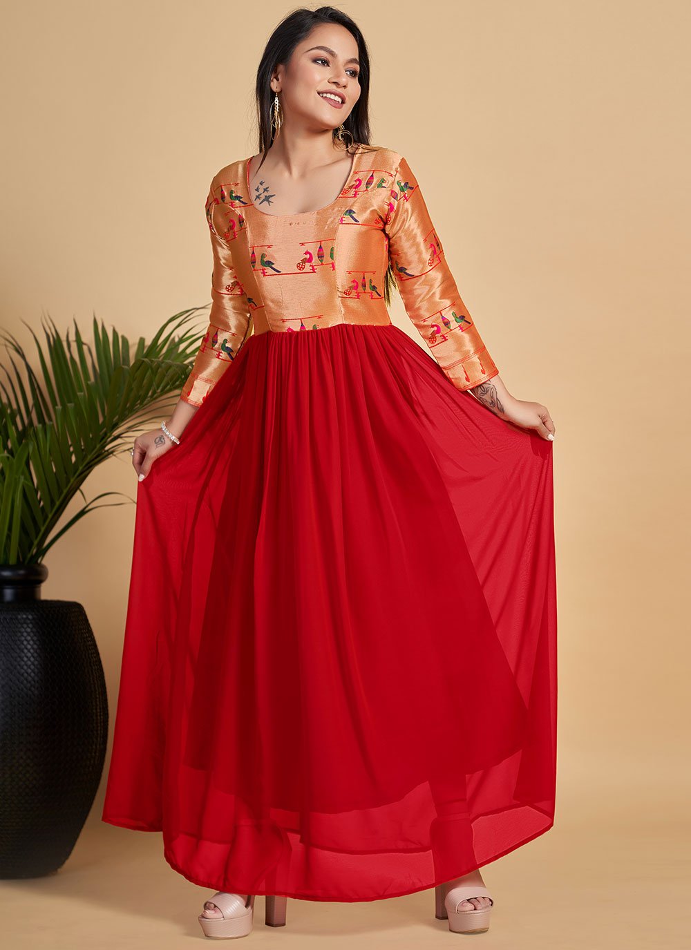 Gown Georgette Red Woven Gown