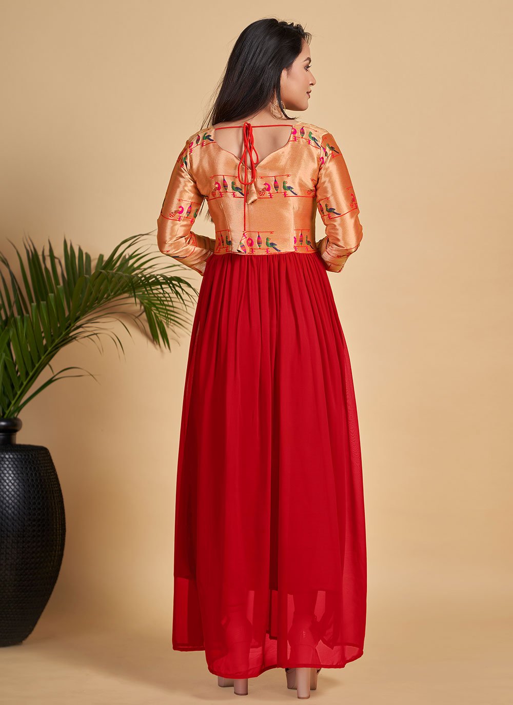Gown Georgette Red Woven Gown
