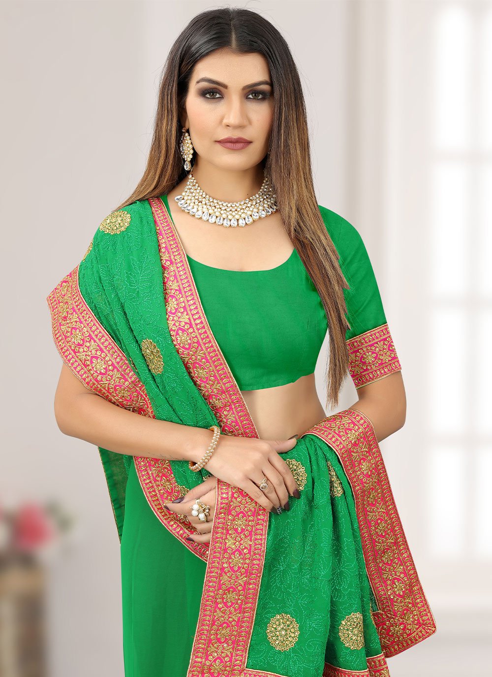 Contemporary Georgette Green Embroidered Saree