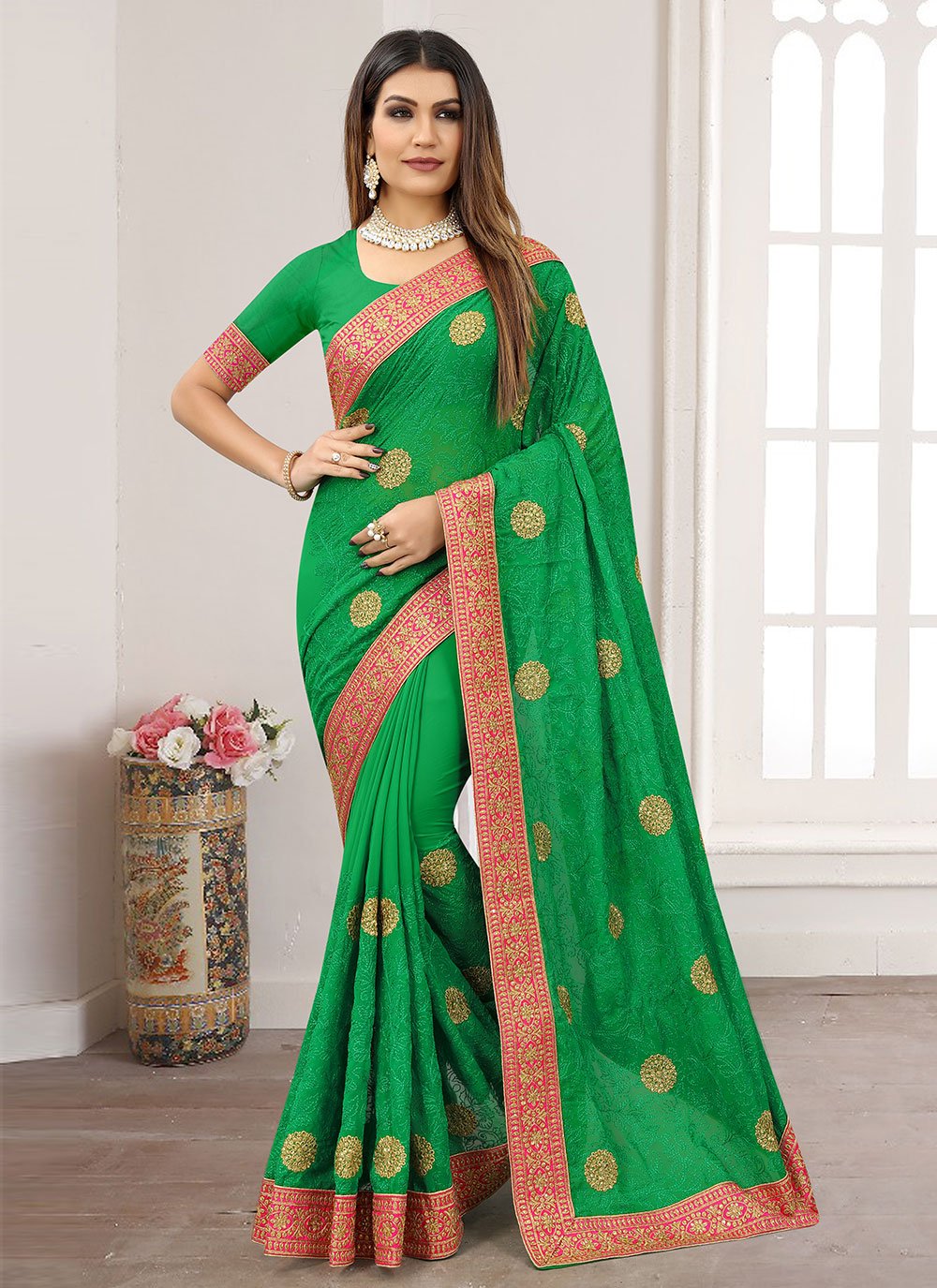 Contemporary Georgette Green Embroidered Saree