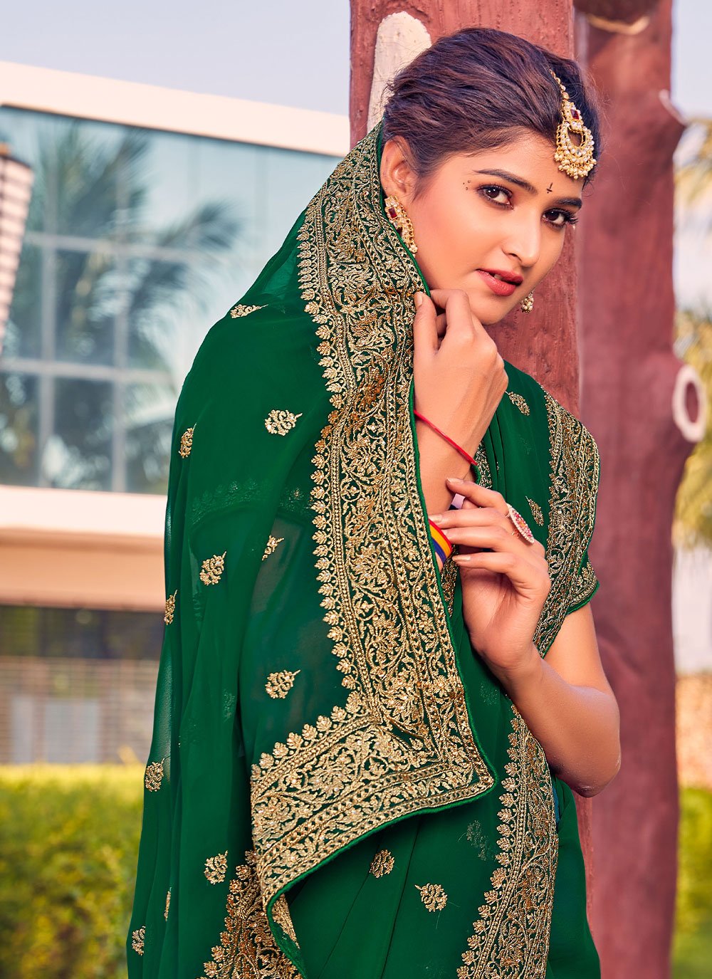 Classic Georgette Green Embroidered Saree