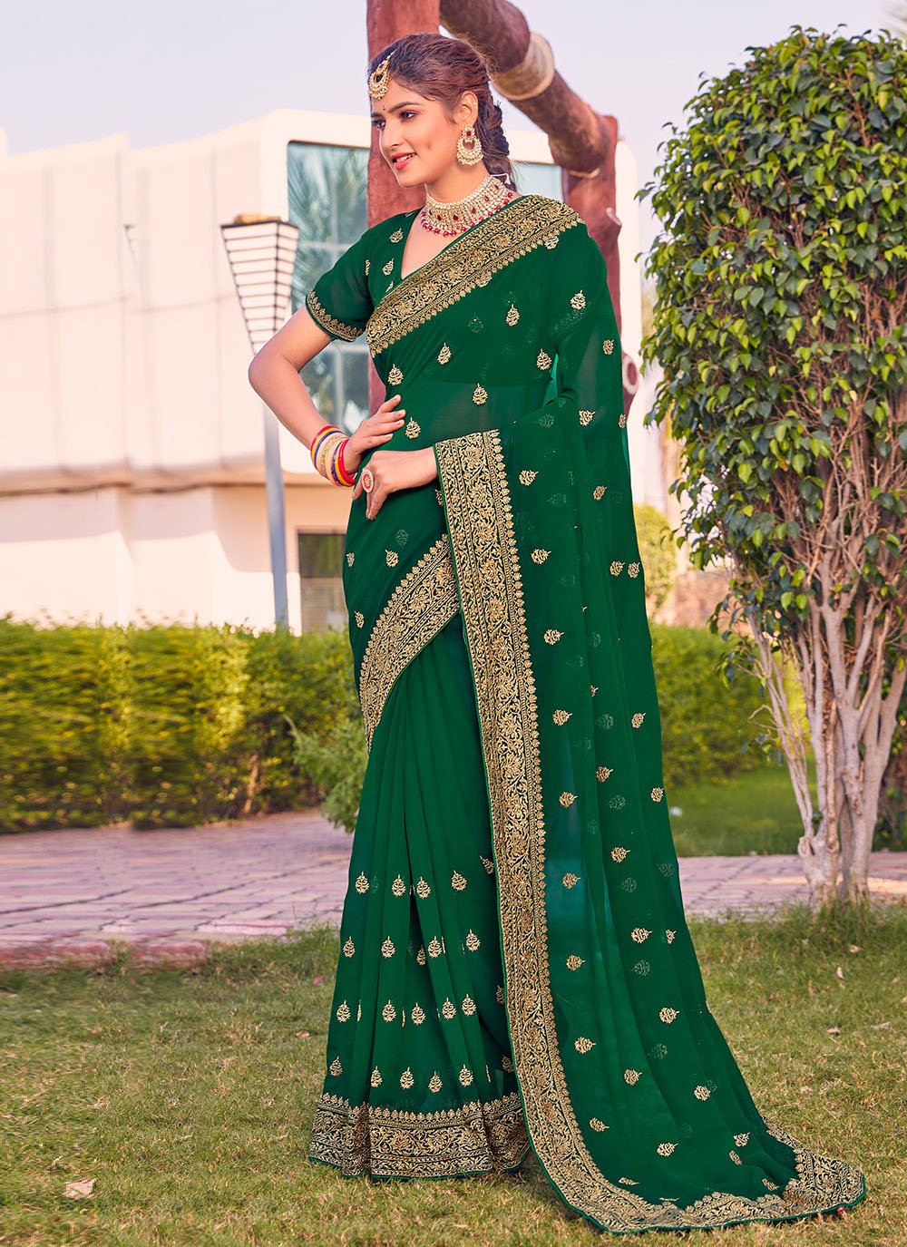 Classic Georgette Green Embroidered Saree