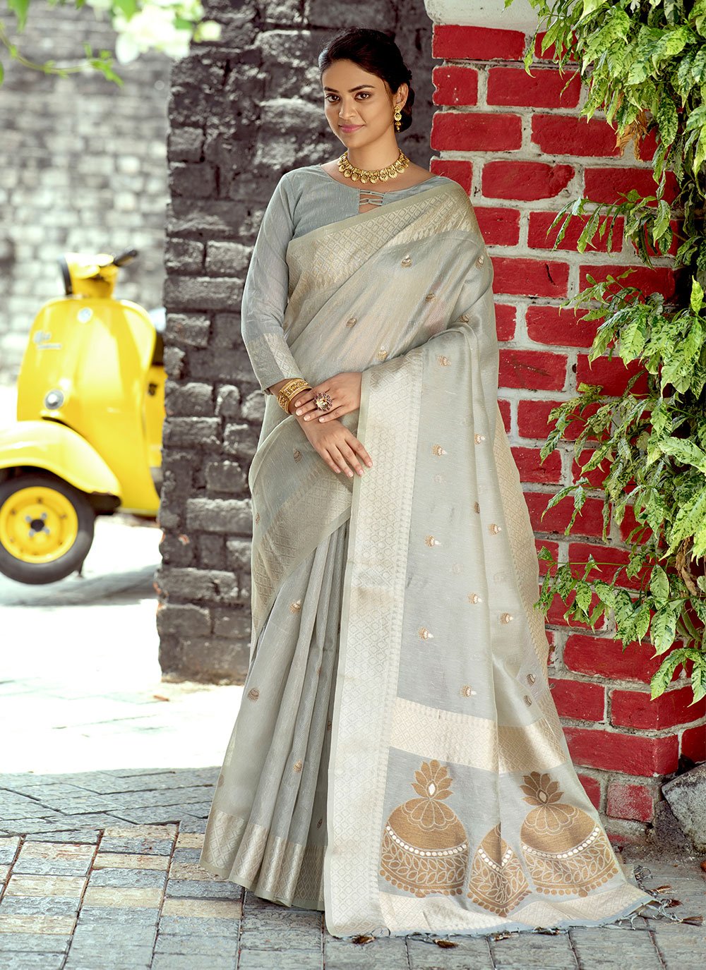 Classic Linen Tissue Grey Woven Saree