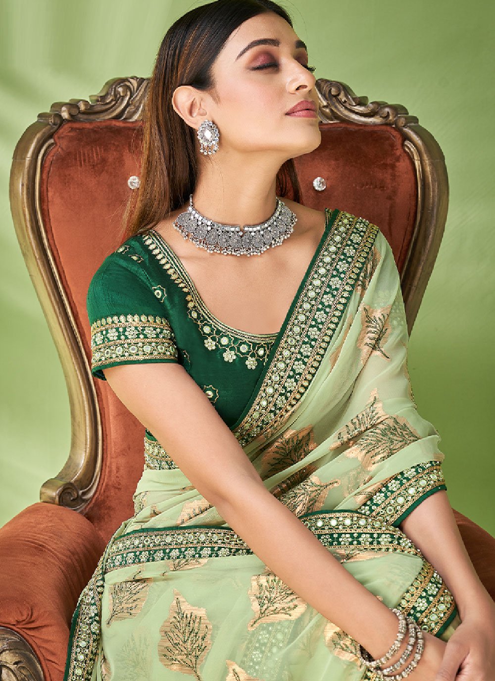 Contemporary Georgette Jacquard Sea Green Foil Print Saree