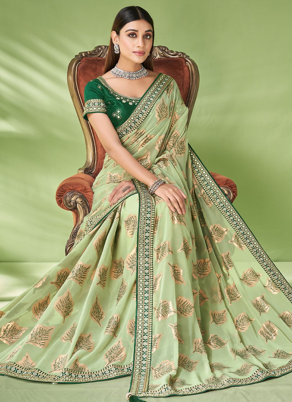 Contemporary Georgette Jacquard Sea Green Foil Print Saree