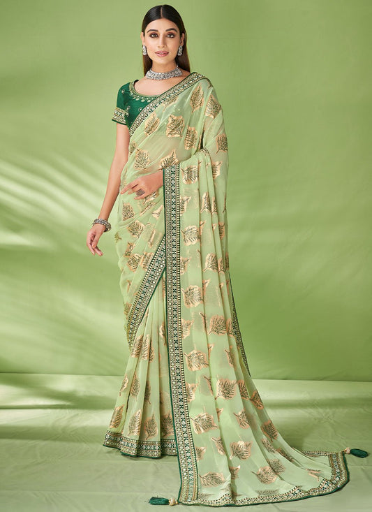 Contemporary Georgette Jacquard Sea Green Foil Print Saree