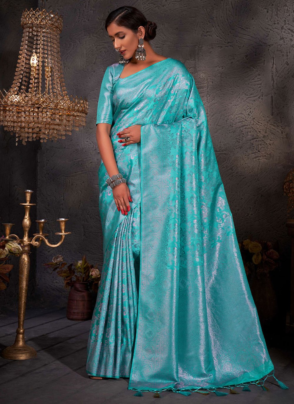 Classic Kanjivaram Silk Aqua Blue Weaving Saree