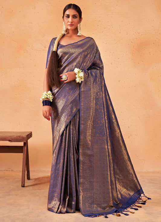 Classic Kanjivaram Silk Blue Weaving Saree