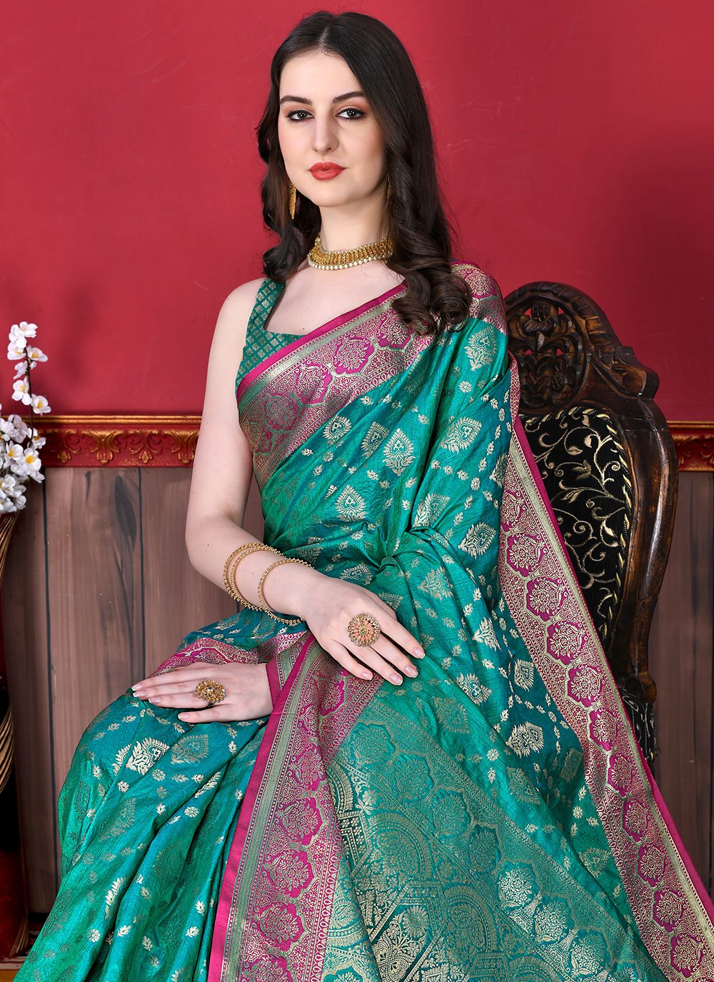 Classic Katan Silk Green Patch Border Saree