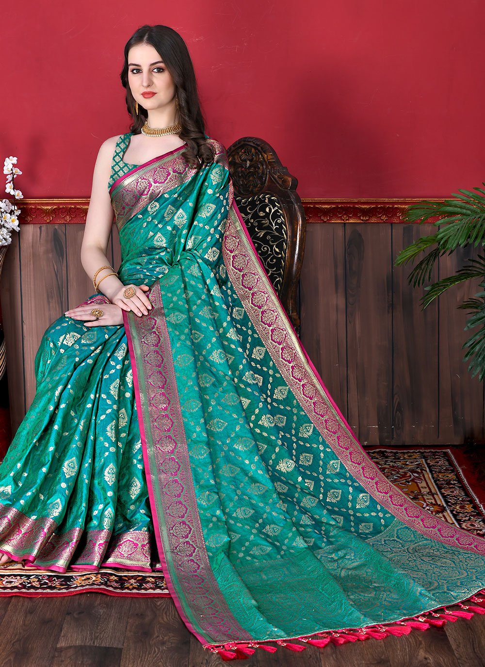 Classic Katan Silk Green Patch Border Saree