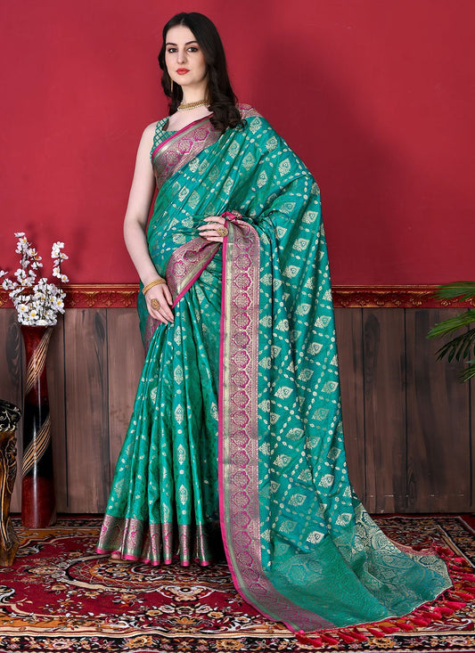 Classic Katan Silk Green Patch Border Saree