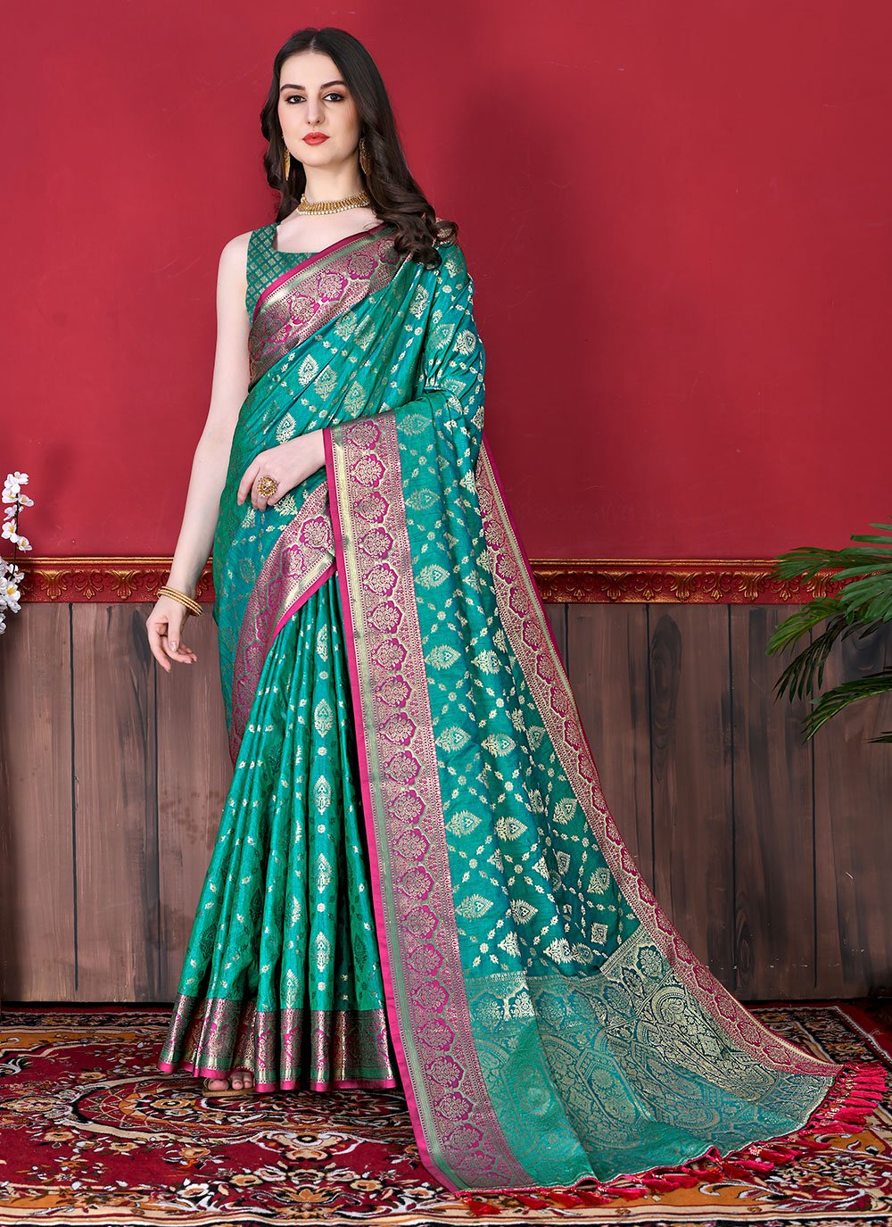 Classic Katan Silk Green Patch Border Saree