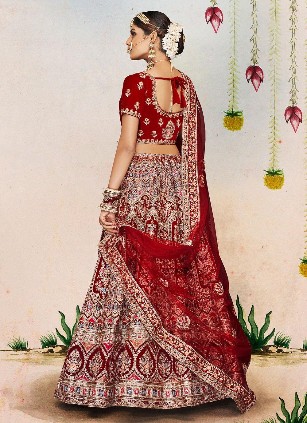 Lehenga Choli Velvet Maroon Dori Work Lehenga Choli