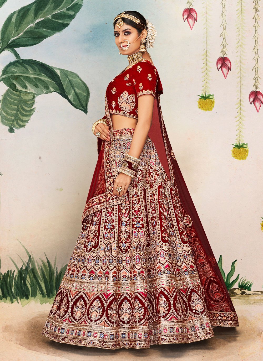 Lehenga Choli Velvet Maroon Dori Work Lehenga Choli