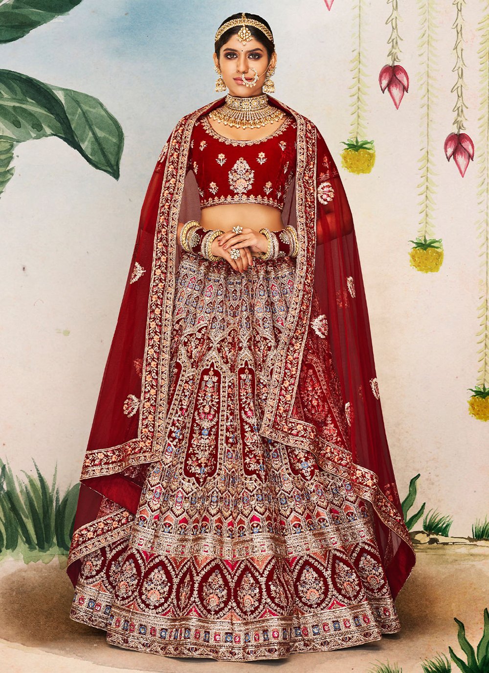 Lehenga Choli Velvet Maroon Dori Work Lehenga Choli