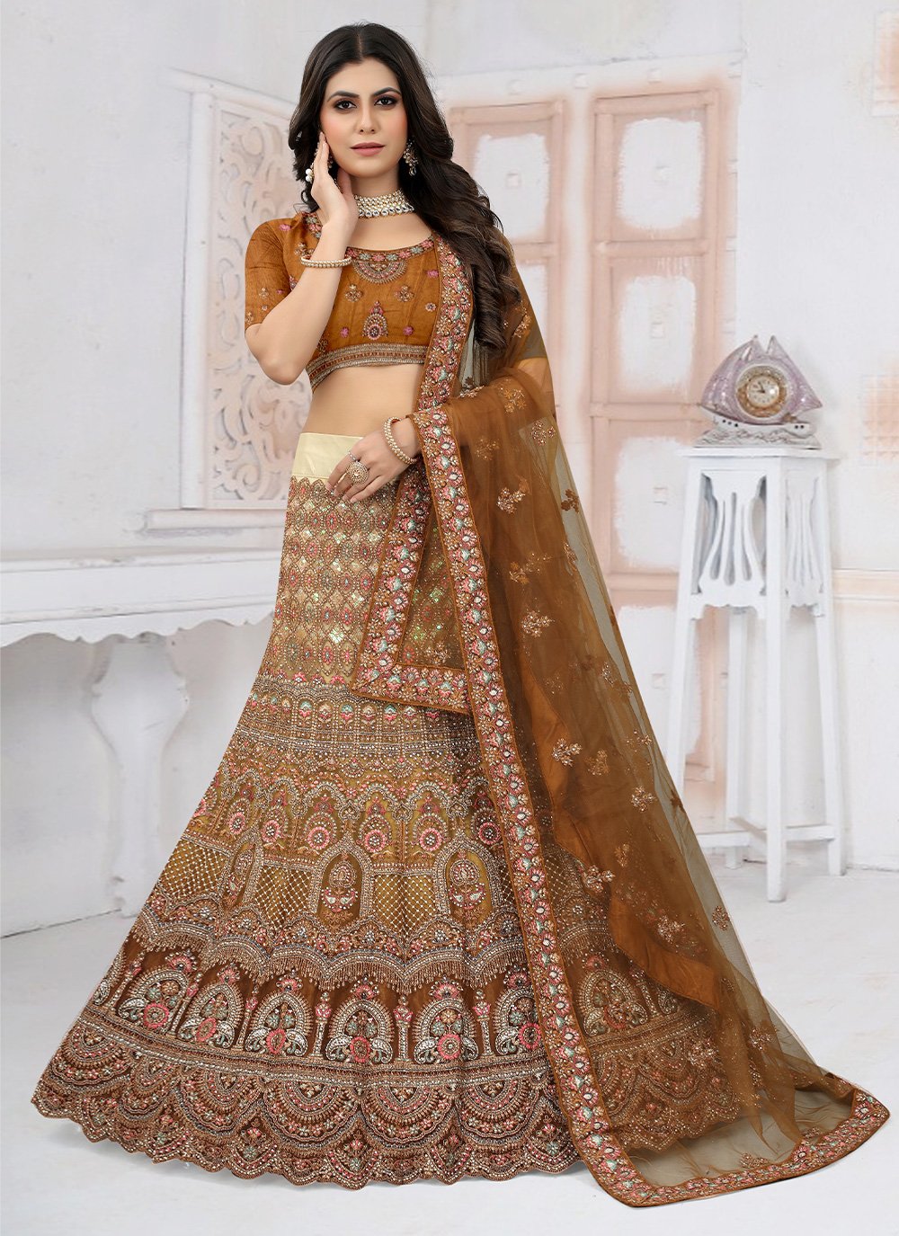 Lehenga Choli Net Mustard Embroidered Lehenga Choli