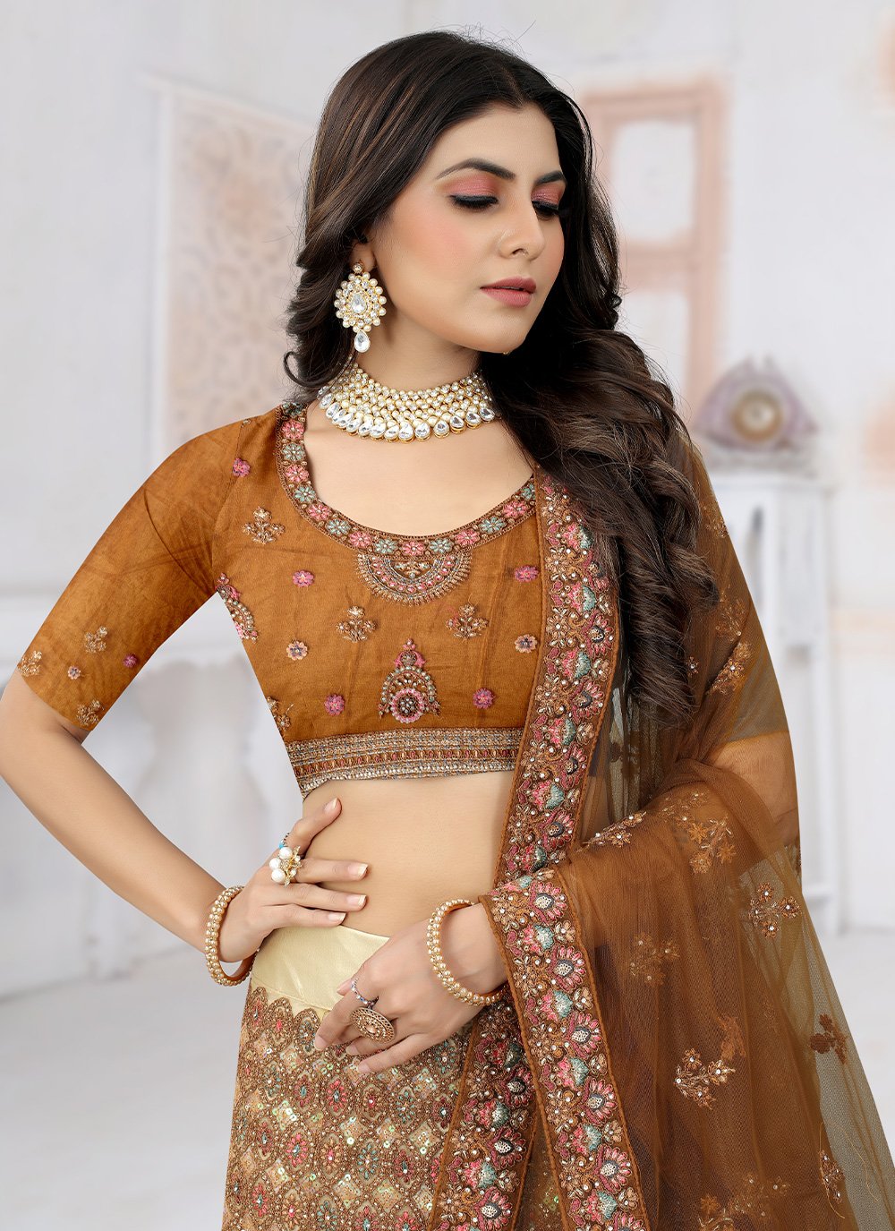 Lehenga Choli Net Mustard Embroidered Lehenga Choli