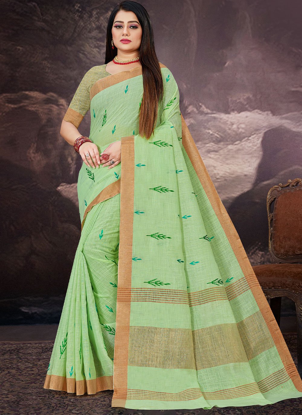 Classic Linen Sea Green Embroidered Saree