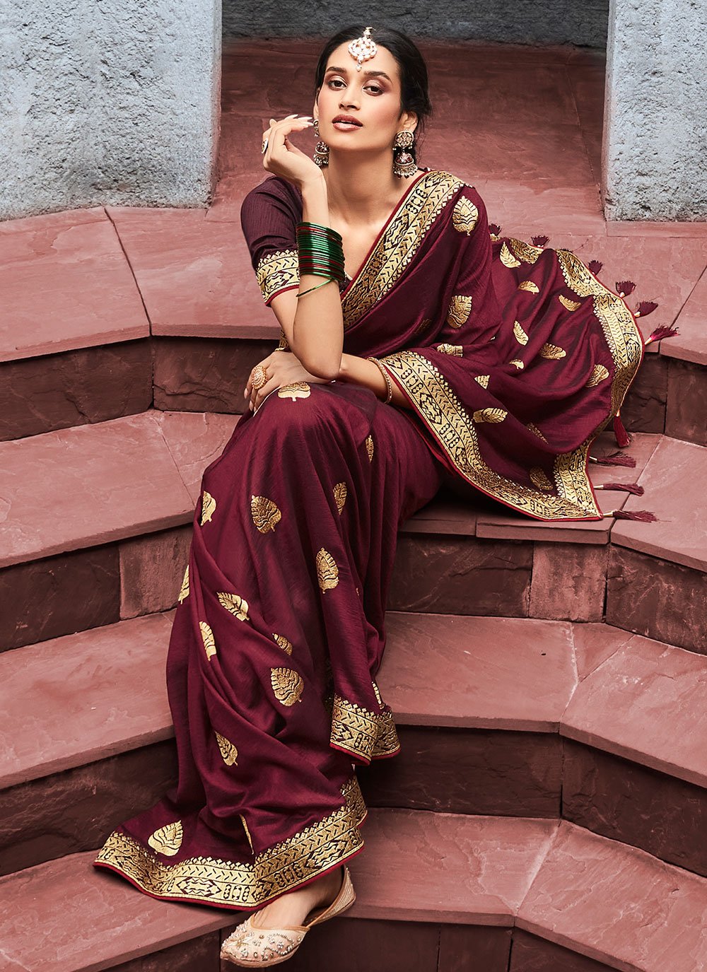 Designer Vichitra Silk Maroon Embroidered Saree