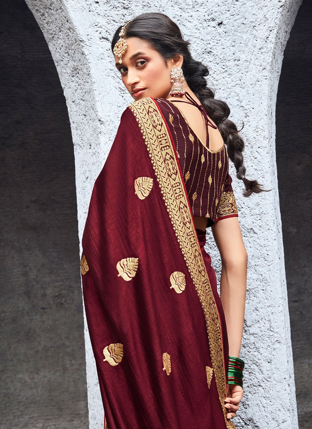 Designer Vichitra Silk Maroon Embroidered Saree