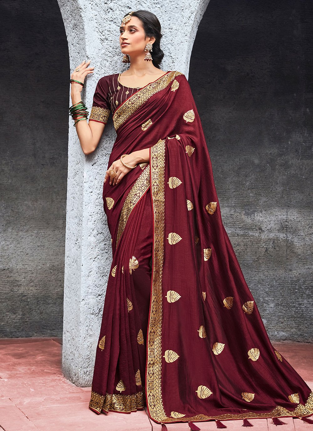 Designer Vichitra Silk Maroon Embroidered Saree