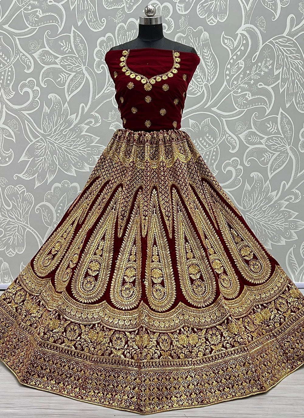 Lehenga Choli Velvet Maroon Dori Work Lehenga Choli