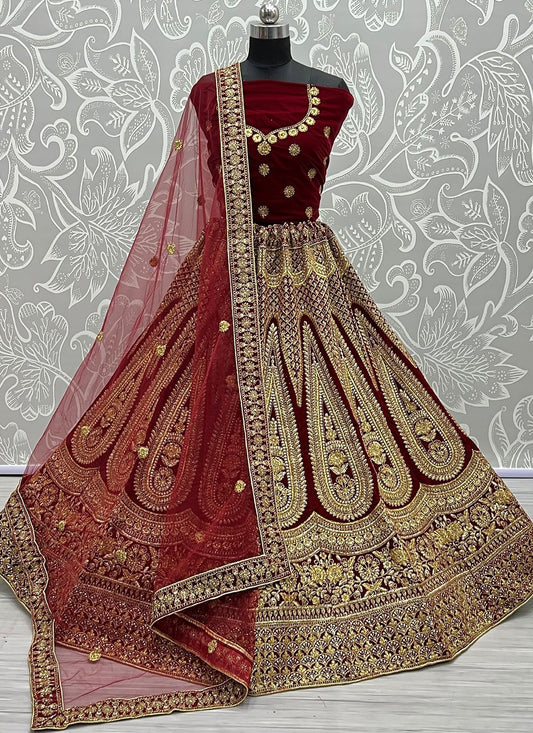 Lehenga Choli Velvet Maroon Dori Work Lehenga Choli